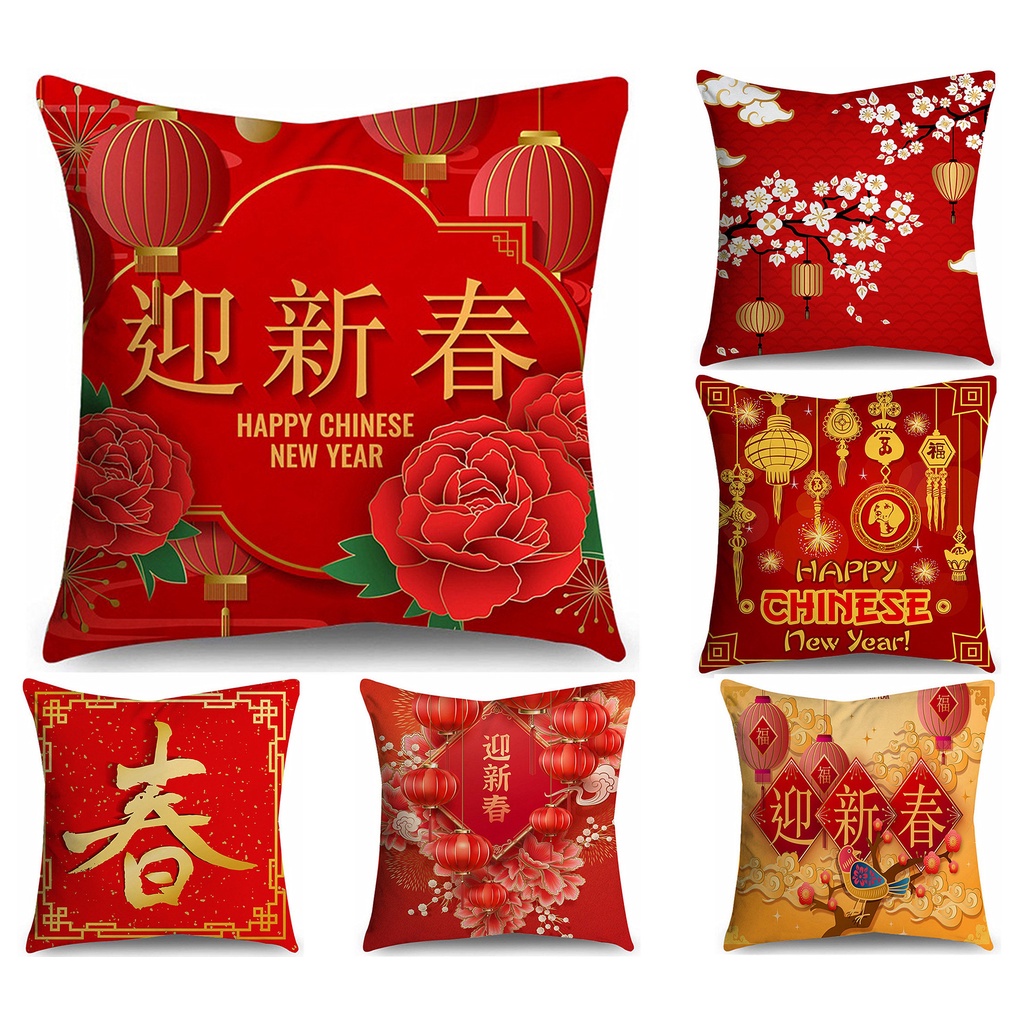 <COD> ปลอกหมอน ลายตรุษจีน ขนาด 70 × 70.60 × 60.50 × 50.45 × 45.40 × 40.ปลอกหมอนอิงโซฟา ผ้าฝ้าย ทรงสี่เหลี่ยม สีแดง สําหรับตกแต่ง ของขวัญ
