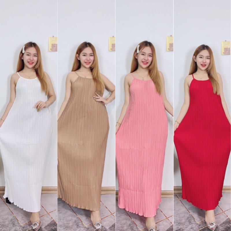 ชุดพลีท ชุดพลีทสายเดี่ยวสีพื้น Maxzy Dress ชุดออกานแต่ง ชุดเดินหาด ชุดเที่ยวทะเล