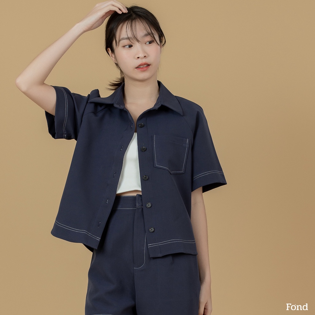 Fond - เสื้อเชิ้ต เล่นด้าย คอปก แขนสั้น กระเป๋าหน้า 'E00'