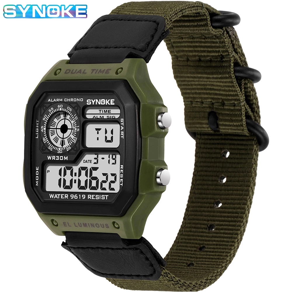 SYNOKE นาฬิกาผู้ชายดิจิตอลนาฬิกาข้อมือทหารสแควร์ LED กีฬาชายนาฬิกา
