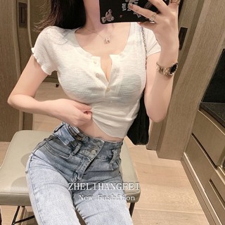 Zhelihangfei/knitwear เสื้อยืด คอวี แขนสั้น เซ็กซี่