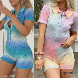 ❡┇BIGMALL-Women Summer Knitted Jumpsuit, Tie-Dye/Stripe Turn-Down Collar Short Sleeve Button-Open Romper , 3 Colors