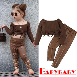 Babybaby- เสื้อครอปหน้าโบว์ แขนยาว ฤดูใบไม้ร่วง + ชุดกางเกงหนัง PU สําหรับเด็กผู้หญิง