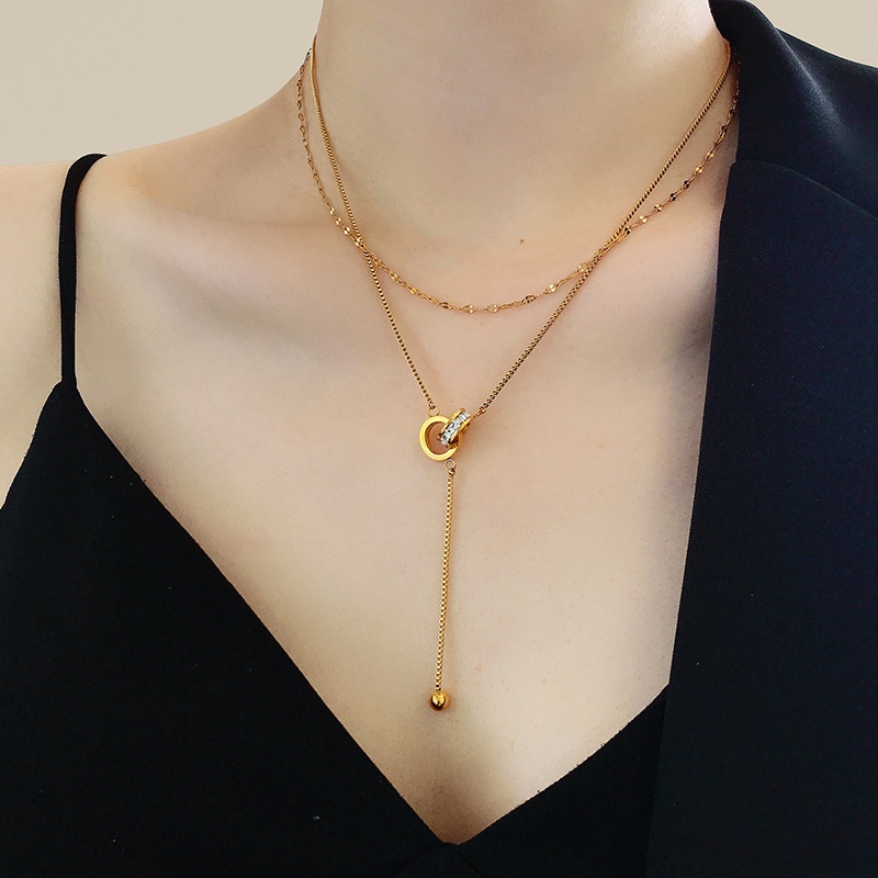 สร้อยคอโซ่เหล็กไทเทเนียม ทอง 18k ฝังเพทาย สองชั้น สไตล์โรมัน ราคา ถูกที่สุด ดีลบีเคเค