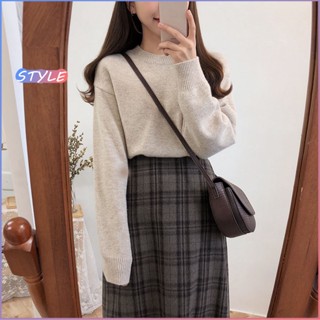 STYLE 6101#กระโปรงเอวสูง ลายสก็อต ผ้าชีฟองพริ้วๆ เอวสม็อคหลัง