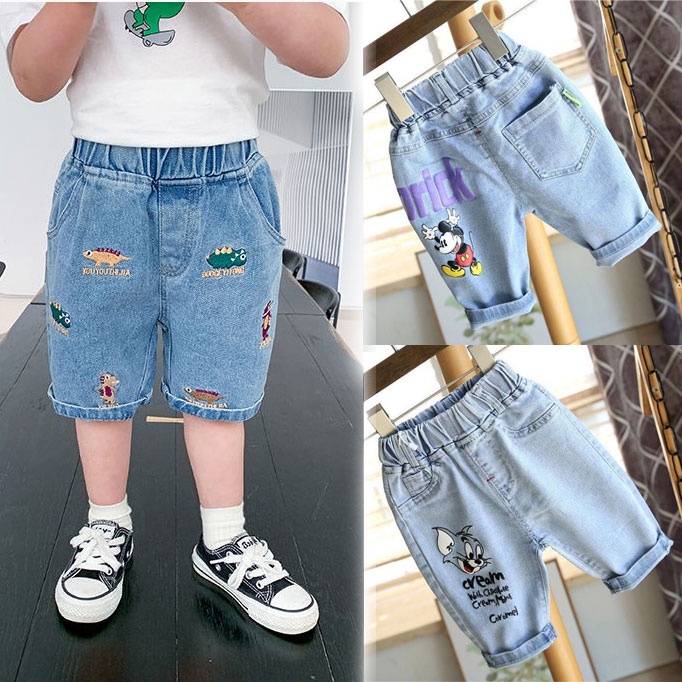 ชุดเอี๊ยมกางเกงยีนขาสั้น ผ้าฝ้าย พิมพ์ลายตัวอักษร แบบไดนามิก แบบบาง ทรงหลวม แฟชั่นสําหรับเด็กผู้ชาย และเด็กผู้หญิง