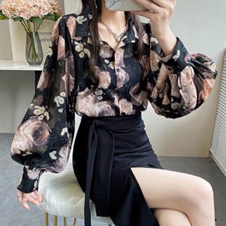 เสื้อเชิ้ตแขนโคมไฟ ผ้าชีฟอง พิมพ์ลาย ทรงหลวม แฟชั่นทันสมัย สไตล์เกาหลี สําหรับผู้หญิง