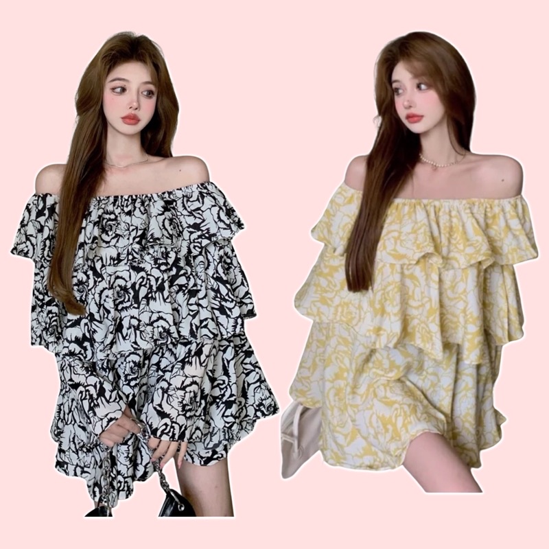 เดรสลายดอกเปิดไหล่ผู้หญิงสุดน่ารักทรงบาน Freesize (รูปถ่ายจริง) [READY]