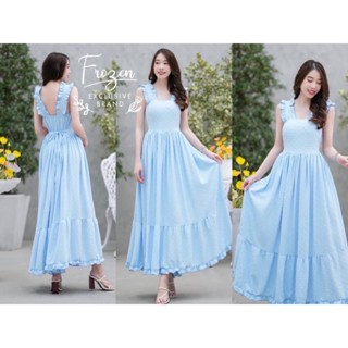 Maxi Dress แม็กซี่เดรสแขนกุด ผ้าชีฟองยืดหนาพิมพ์ทอลายนูนเอวสม็อค