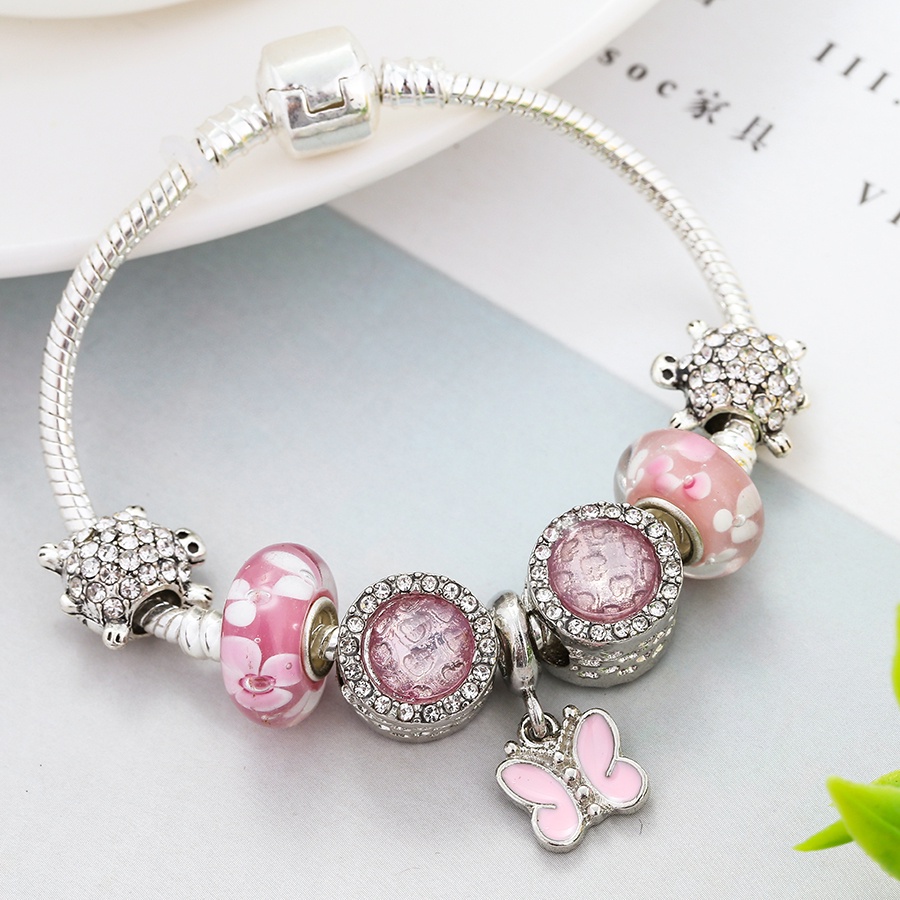 Dinglly สร้อยข้อมือลูกปัด รูปหัวใจ ดอกไม้สีชมพู ผีเสื้อ สําหรับผู้หญิง DIY สีเงิน สร้อยข้อมือลูกปัด