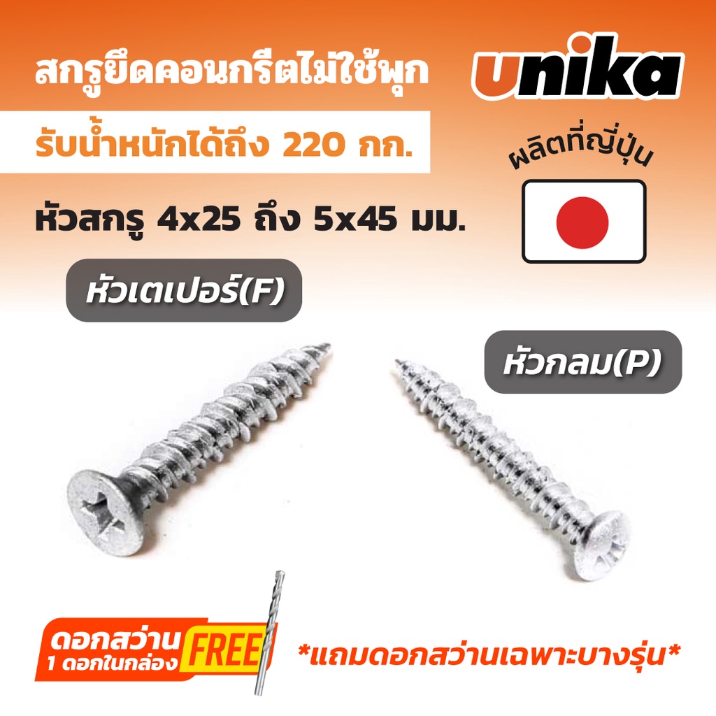 UNIKA สกรูยึดคอนกรีตไม่ใช้พุก ขนาด 4 x 32 มม. หัวเตเปอร์ (F) เจาะได้ลึก 30 มม. รับน้ำหนักได้ถึง 260 กก. (ยูนิก้า)