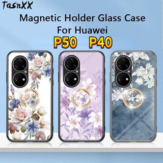 เคสโทรศัพท์กระจกนิรภัย 9H บางพิเศษ ประดับเพชร พร้อมแหวนแม่เหล็ก สําหรับ Huawei P50 P40 Pro