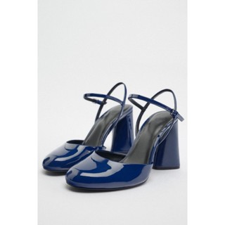 Zara ใหม่ รองเท้าส้นสูง สายรัดด้านหลัง หัวกลม สไตล์ยุโรป อเมริกัน สายรัดแบน รองเท้าแตะส้นหนา