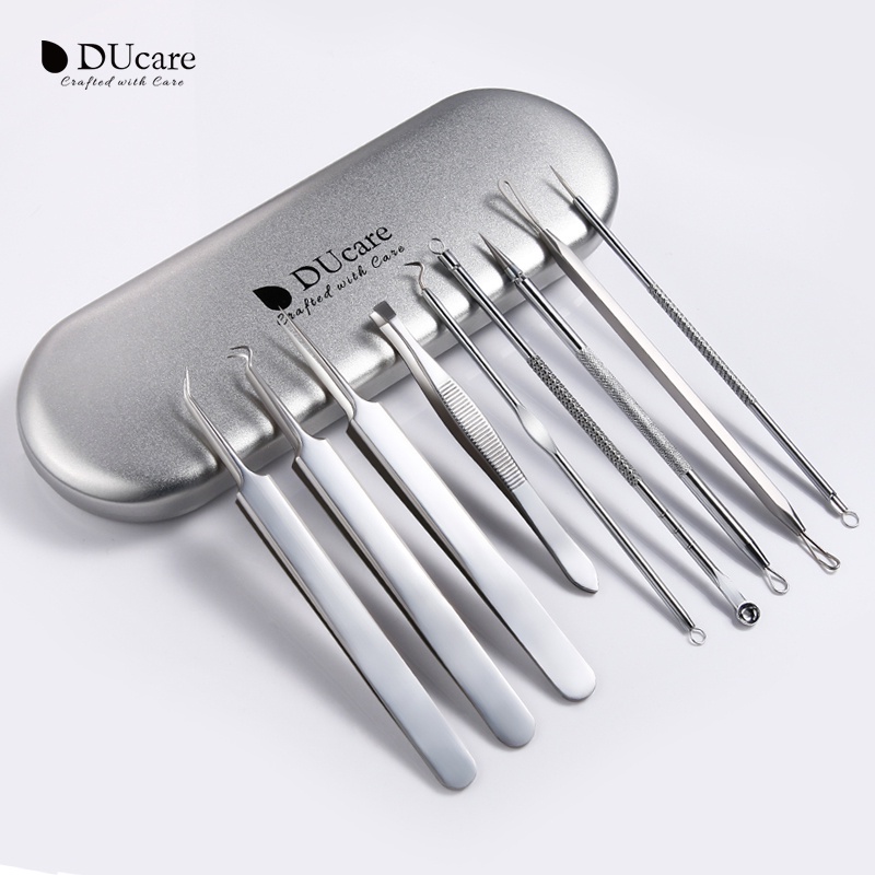 Ducare 9 ชิ้น Professional Skin Care ชุดเครื่องมือสแตนเลสสิว Extractor Tweezer Pimple Removing เครื่องมือ