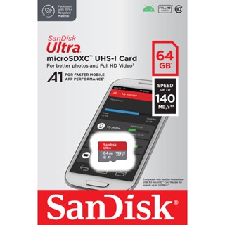 SANDISK เมมโมรี่การ์ด Micro SD card Ultra 64 GB [140MB/s] Class10 A1 U1 memory card โทรศัพท์ มือถือ แท้ (SDSQUAB-064G)