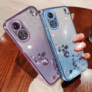 เคสโทรศัพท์มือถือ ซิลิโคนนิ่ม TPU ใส ปิดด้านหลัง ลายดอกกุหลาบ ประดับพลอยเทียม กลิตเตอร์ ระยิบระยับ แฟชั่น สําหรับ Honor 50 Pro 5G Honor50 5G