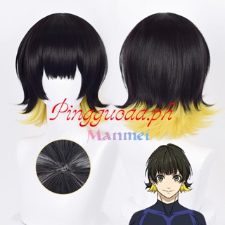 Manmei Anime BLUE LOCK Bachira Meguru Cosplay Wig 36cm Short Black Yellow Heat Resistant Fiber Hair Party Role Play Wig