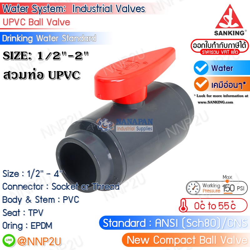 SANKING แลปก็อกบอลวาล์ว UPVC (Labcock Ball Valve) ขนาด 1/4",1/2"