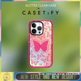 【Glitter Casetify】เคสโทรศัพท์มือถืออะคริลิคใส แบบแข็ง กันกระแทก ลายผีเสื้อ สีชมพู สําหรับ iPhone14 13 12 11 Pro Max