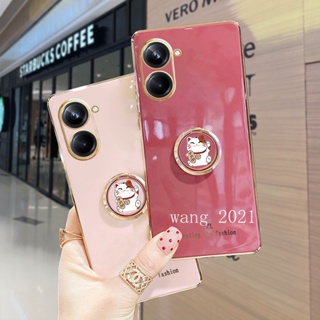 2023 New Phone Case Realme 10 Pro +Plus 10T 5G 4G เคส Casing Electroplating Straight Edge with Cat Stand Protective Soft Case เคสโทรศัพท