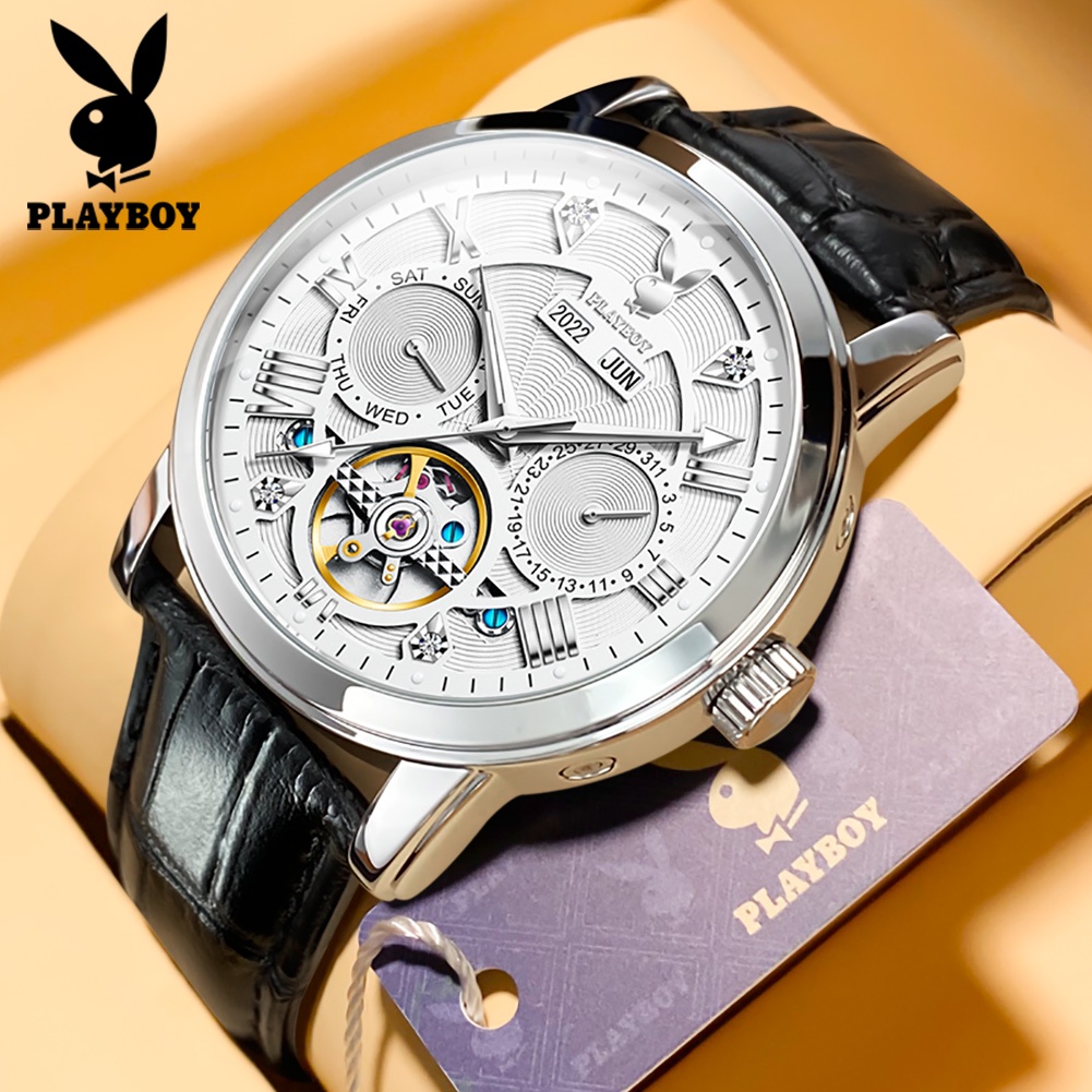 Playboy Brand Watch (ของแท้+กล่องของขวัญ) 3045 นาฬิกาข้อมืออัตโนมัติ อเนกประสงค์ คุณภาพสูง แฟชั่นสําหรับผู้ชาย