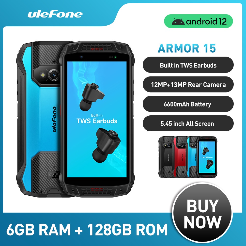 Ulefone Armor 15 โทรศัพท์กันน้ําที่ทนทาน 128GB NFC Android 12 หูฟัง TWS ในตัวสมาร์ทโฟน 6600mAh 2.4G/