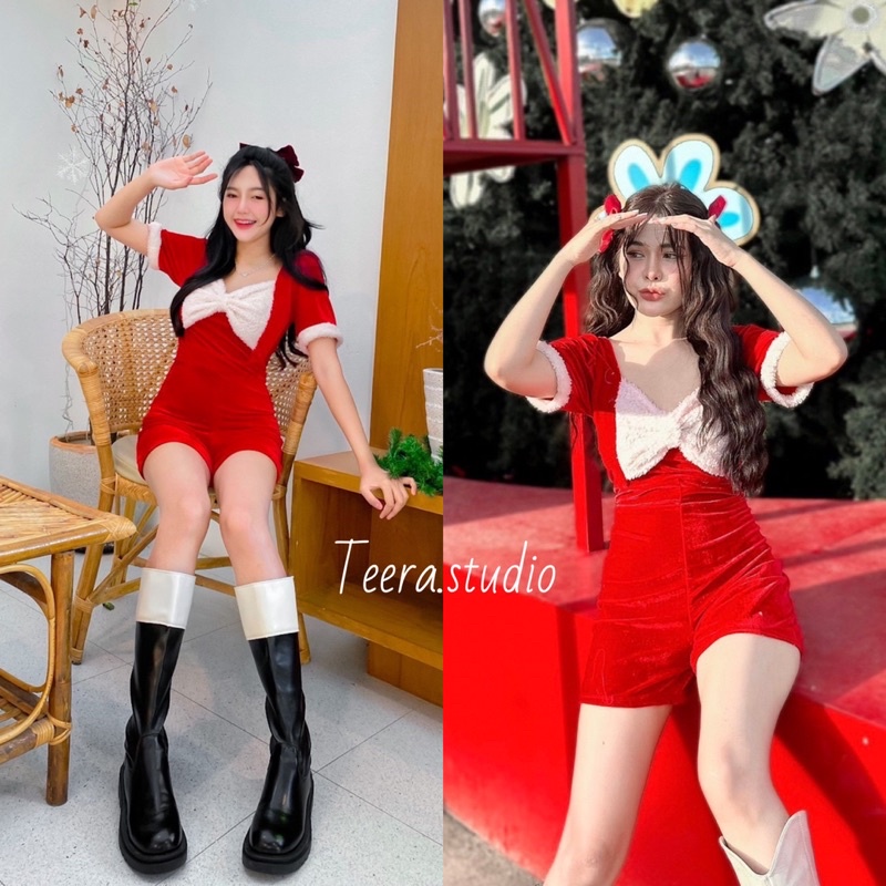 Teera พร้อมส่ง จั๊มสูทขาสั้น เนื้อผ้ากำมะหยี่ ดีเทลโบว์ผ้าขนสีขาว ซิปหลัง ชุดคริสมาส