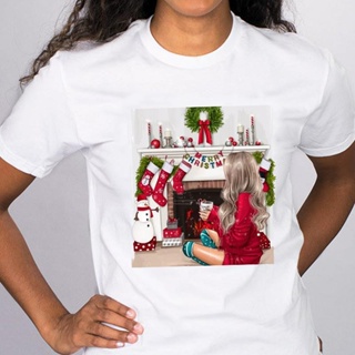 Holiday Merry Christmas T-shirt Fashion Girl Print Ladiesเสื้อยืดสวยๆ