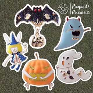 🇹🇭 พร้อมส่ง : 🧟‍♂️🦇 เข็มกลัดเซ็ทฮาโลวีนผีและค้างคาว | Halloween White Ghost &amp; Black Bat Pumpkin Enamel Brooch Pin Set.