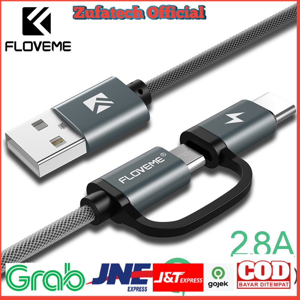 Floveme 2 in 1 Micro USB + USB Type C QC3.0 2.8A 100cm สายชาร์จ - P9 - สีเทา - FQUA0EGY