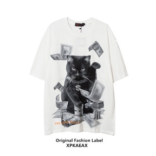 ♗✜❧Tiansen Money Cat Printed T-Shirt Large Size Loose Round Neck Short Men Women