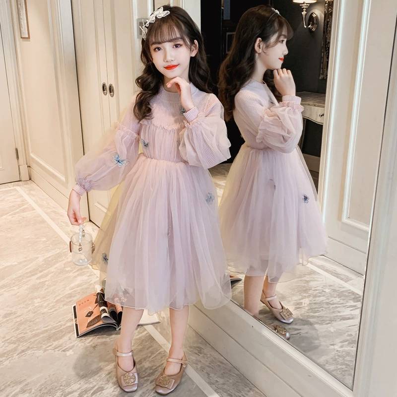(พร้อมส่ง) ชุดเด็กหญิง เดรสกระโปรงเเขนยาวเเต่งผีเสื้อ ชุดออกงานสวยมาก