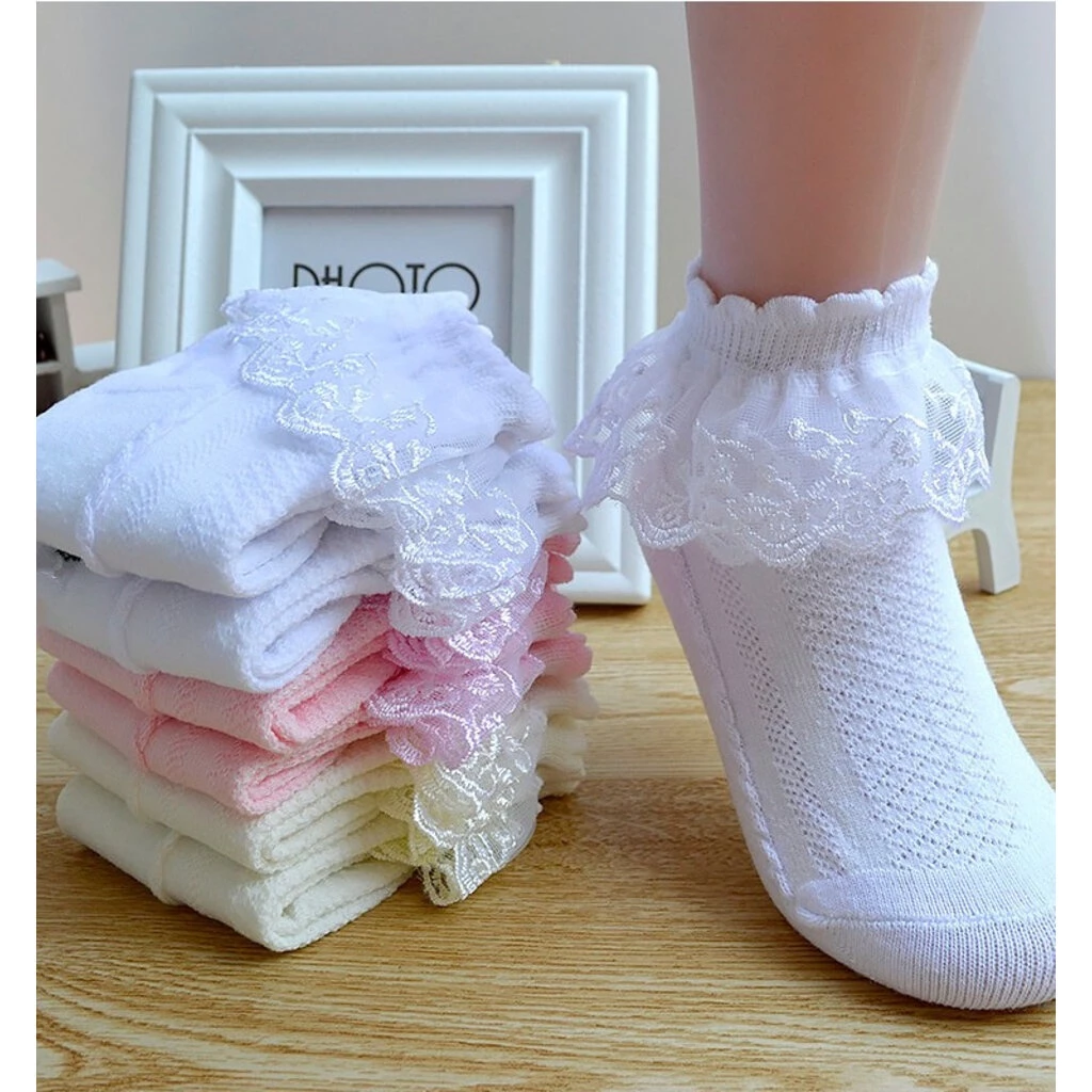 P5001- พร้อมส่งจากไทย ถุงเท้าลูกไม้เด็ก ระบายลูกไม้ แต่งลายลูกไม้น่ารัก ผ้ายืดหยุ่นนุ่มนวล สำหรับเด็ก1-12 ปี (ข้อสั้น...