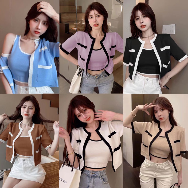 mimi&didi เสื้อคลุมไหมพรม​แขนสั้นเช็ท2ชิ้น+เสื้อ แฟชั่นเกาหลี สีพื้นผ้านิ่มมาก3030-1
