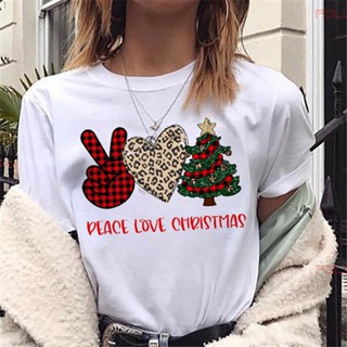 เสื้อยืดคริสต์มาส Peace Love Christmas Tree Girls   Short Sleeve  Tee  /Men Cartoon Letters   Tops Women xmas