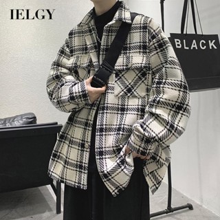 IELGY เสื้อแจ็กเก็ตลําลอง ผ้าขนสัตว์ ลายสก๊อต ทรงหลวม สไตล์ฮ่องกง สําหรับผู้ชาย