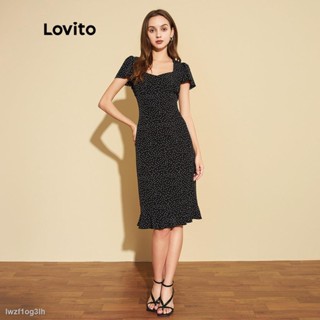 ❏♧┇Lovito ชุดเดรส จับจีบ ลายจุด หรูหรา สีดํา L25ED082