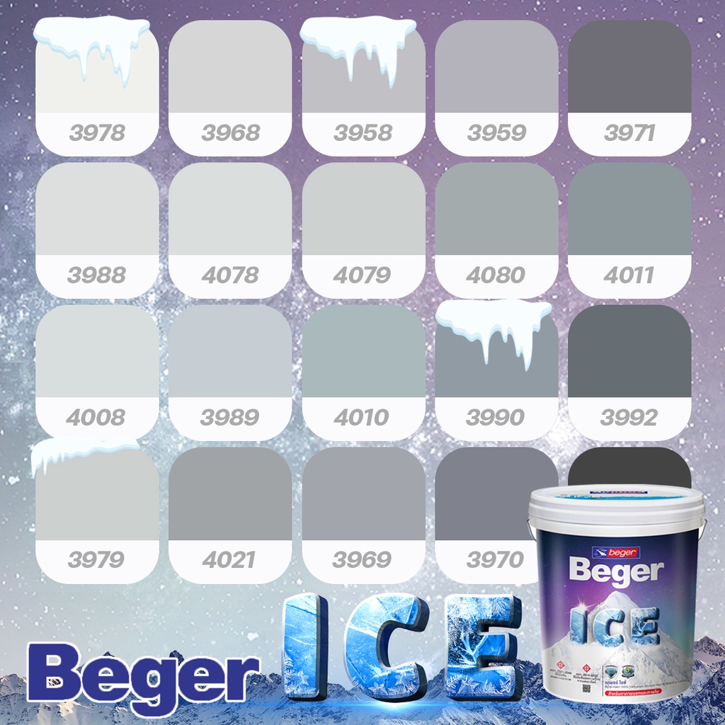 สีทาบ้าน 18 ลิตร Beger สีเทา อมฟ้า กึ่งเงา Beger ICE สีทาภายนอกและใน เช็ดล้างได้ กันร้อนเยี่ยม เบเยอร์ ไอซ์
