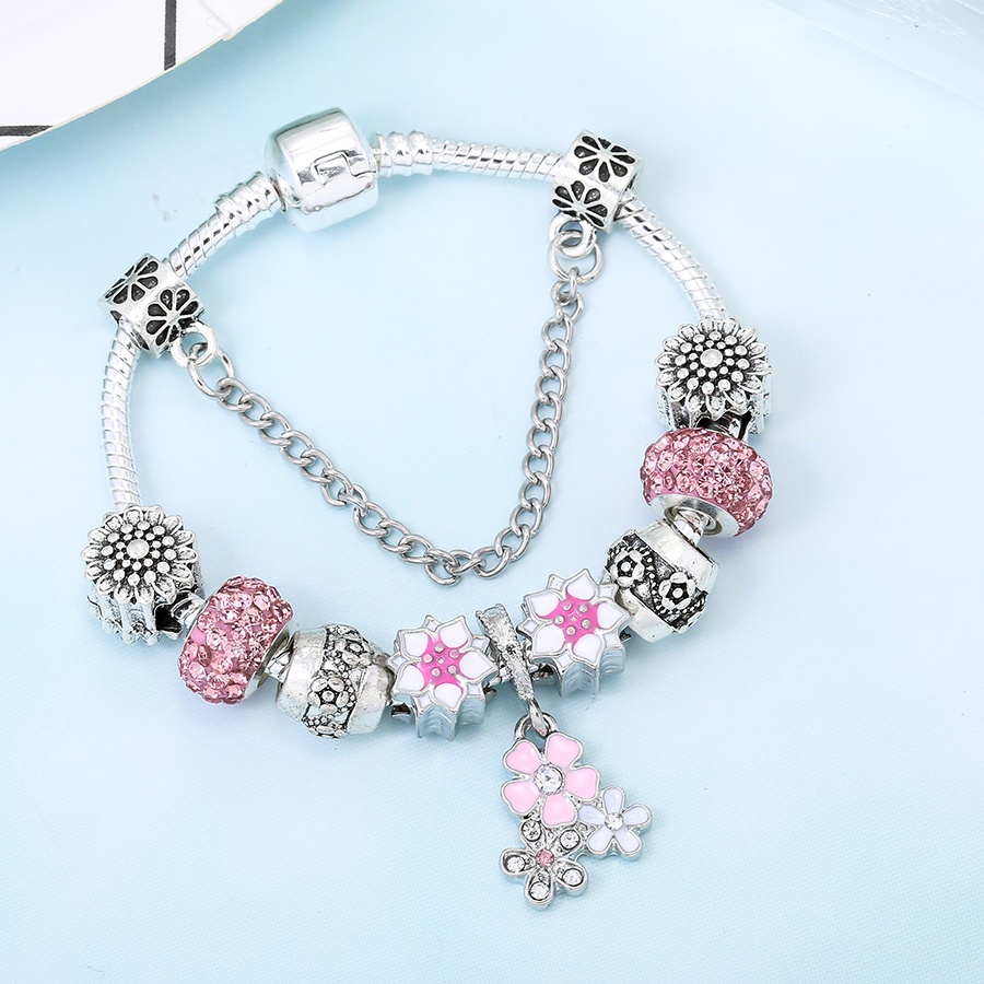 Dinglly สร้อยข้อมือลูกปัด รูปหัวใจ ดอกไม้สีชมพู ผีเสื้อ สําหรับผู้หญิง DIY สีเงิน สร้อยข้อมือลูกปัด