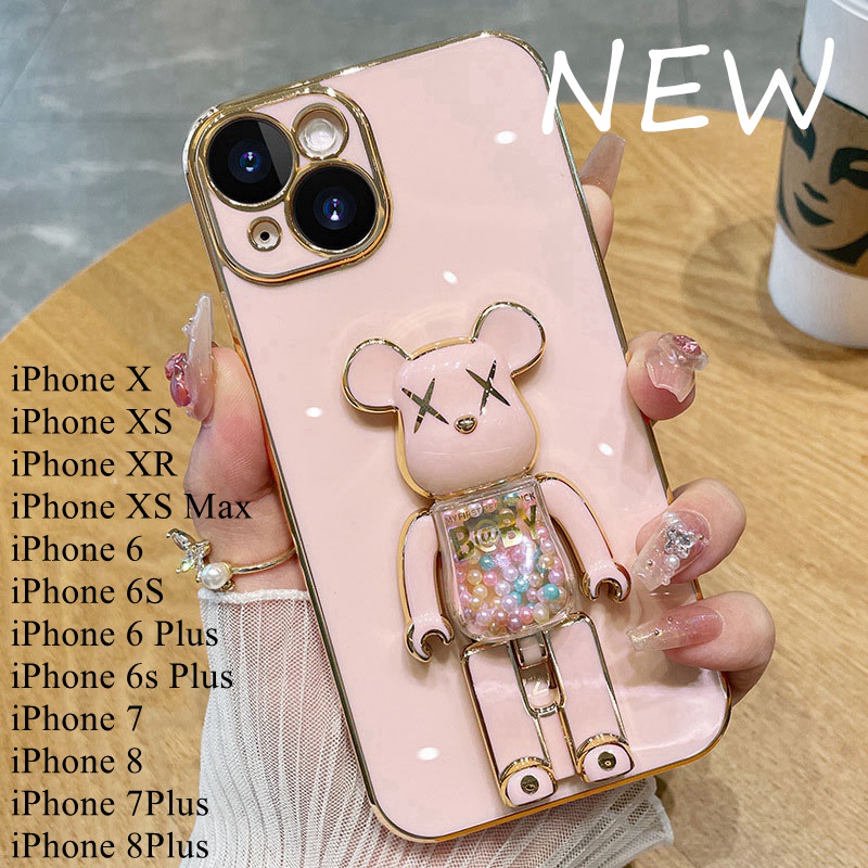 เคสโทรศัพท์มือถือ ซิลิโคนนุ่ม ลายหมี Violence ถั่วน้ําตาล 3D พร้อมขาตั้ง สําหรับ iphone 6 6s 7 8 Plus XR X XS Max