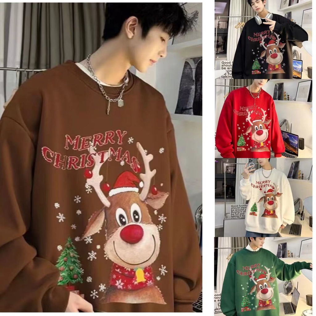 【คริสต์มาส】เสื้อกันหนาวแขนยาว คอกลม แบบสวมหัว พิมพ์ลายกวางคริสต์มาส แฟชั่นฤดูใบไม้ร่วง และฤดูหนาว สไตล์เกาหลี สําหรับผู้ชาย และผู้หญิง ไซซ์ M – 8XL