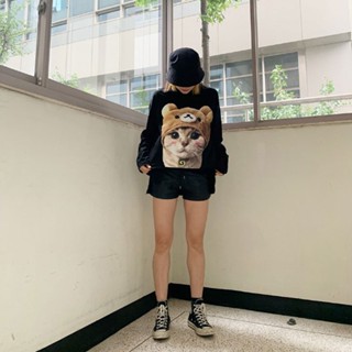 G-stella Over Fit เสื้อยืดคอกลม แขนยาว พิมพ์ลายแมวสวมเสื้อฮู้ดหมี แฟชั่นเกาหลี สตรีท เกาหลี ไอดอล เสื้อยืดคอกลม พิมพ์ลาย หนึ่งขนาด