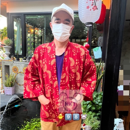 เสื้อคลุมยูกาตะ สีแดง ผ้าฝ้าย ลายพัดทอง เสื้อตรุษจีน ชาย/หญิง yukata NKT.98
