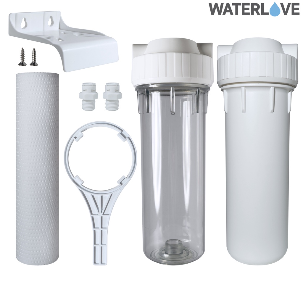 ชุดกระบอกกรองน้ำ 1 ขั้นตอน พร้อมไส้กรอง PP 1 ไมครอน เพื่อกรองสิ่งสกปรก ก่อนนำไปใช้ พร้อมอุปกรณ์ครบชุ