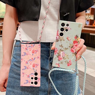 เคสซิลิโคนนิ่ม ลายดอกไม้ พร้อมสายคล้องไหล่ สําหรับ Samsung Galaxy S20 S21 FE S22 S23 + Ultra