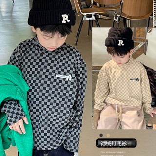 ✨[พร้อมส่ง] เสื้อยืดแขนยาว ผ้าฟลีซ คอสูง ลายสก๊อต ให้ความอบอุ่น สําหรับเด็กผู้ชาย 2-12 ปี