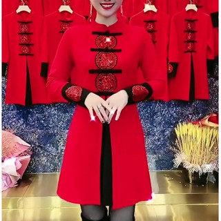 中国新年แขนยาวคอยืนขึ้นปรับปรุง cheongsam ชุดเดรสสั้นสไตล์จีนย้อนยุคปุ่มเย็บปักถักร้อยเอวกระชับสัดส่วนงานรื่นเริงเดรสทรงเอ兔年春节