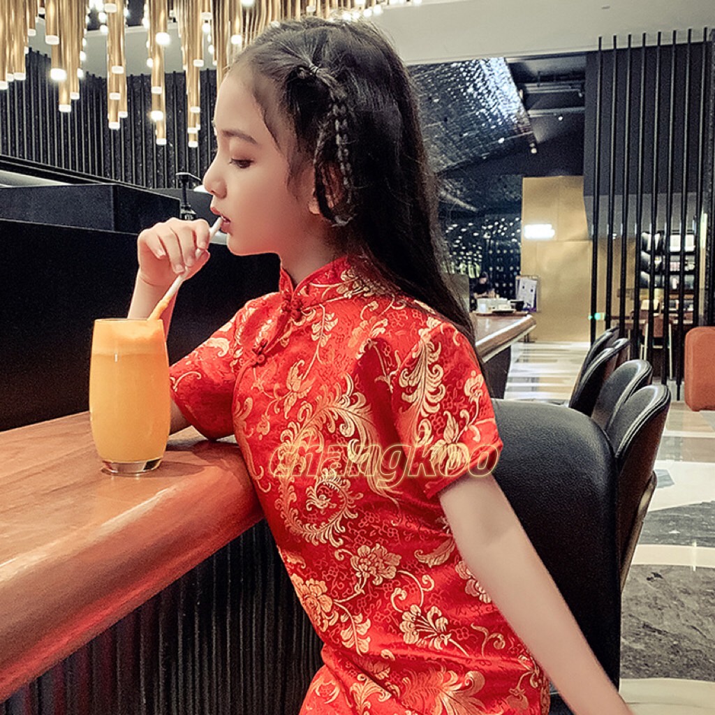 ชุดกี่เพ้าเด็กใส่ตรุษจีน ชุดกี่เพ้าแขนสั้นสไตล์จีน ชุดกระโปรงเด็กสีแดง พร้อมส่ง ส่งจากกรุงเทพ