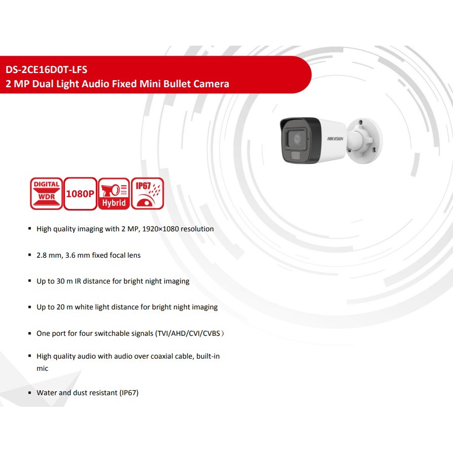 HIKVISION กล้องวงจรปิด  Smart Hybrid Light 2MP รุ่น DS-2CE16D0T-LFS 2.8mm หรือ 3.6mm (1ตัว)