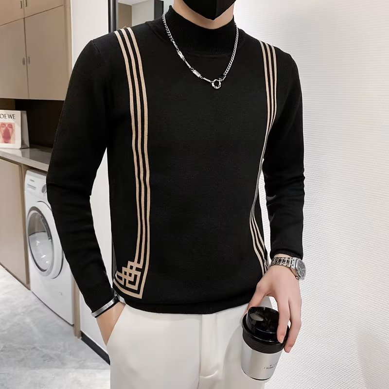เมสัน เสื้อกันหนาวคอสูงครึ่งตัวผู้ชาย เสื้อกันหนาวพิมพ์ลายตาหมากรุก เสื้อกันหนาวลําลองสไตล์มินิมอล